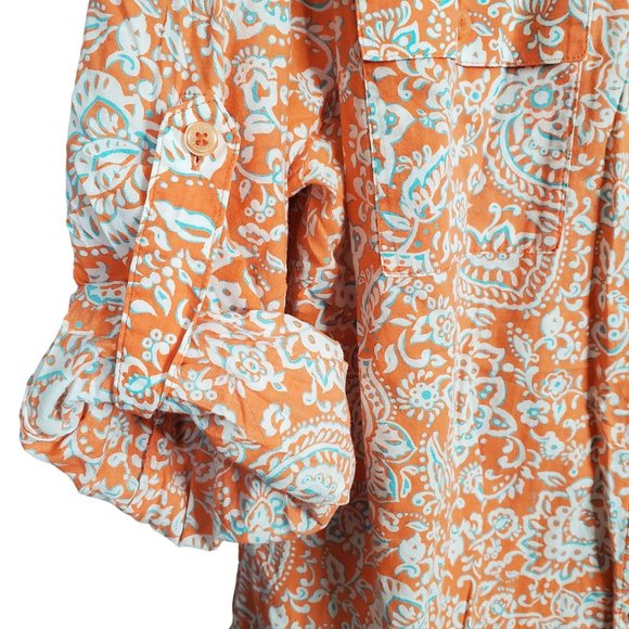 JNY Signature Sz XL Blouse Button Front Floral Roll Tab Cotton Side Vents Orange - Picture 14 of 14